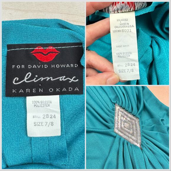 Vintage 1970s Teal Sleeveless Ruched Mini Cocktail Disco Dress - Picture 6 of 8